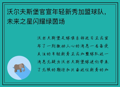 沃尔夫斯堡官宣年轻新秀加盟球队，未来之星闪耀绿茵场